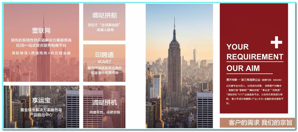 B2B-一站式物流服務(wù)平臺-壹聯(lián)網(wǎng)，基于一帶一路工程項目物流服務(wù)平臺-嘀噠拼船、嘀噠拼機，提供給黃金珠寶解決方案服務(wù)商的產(chǎn)品輸出中心-享運寶，還有助力中國賣(mài)家走出中國掘金海外電商市場(chǎng)-印跨通（IKART）